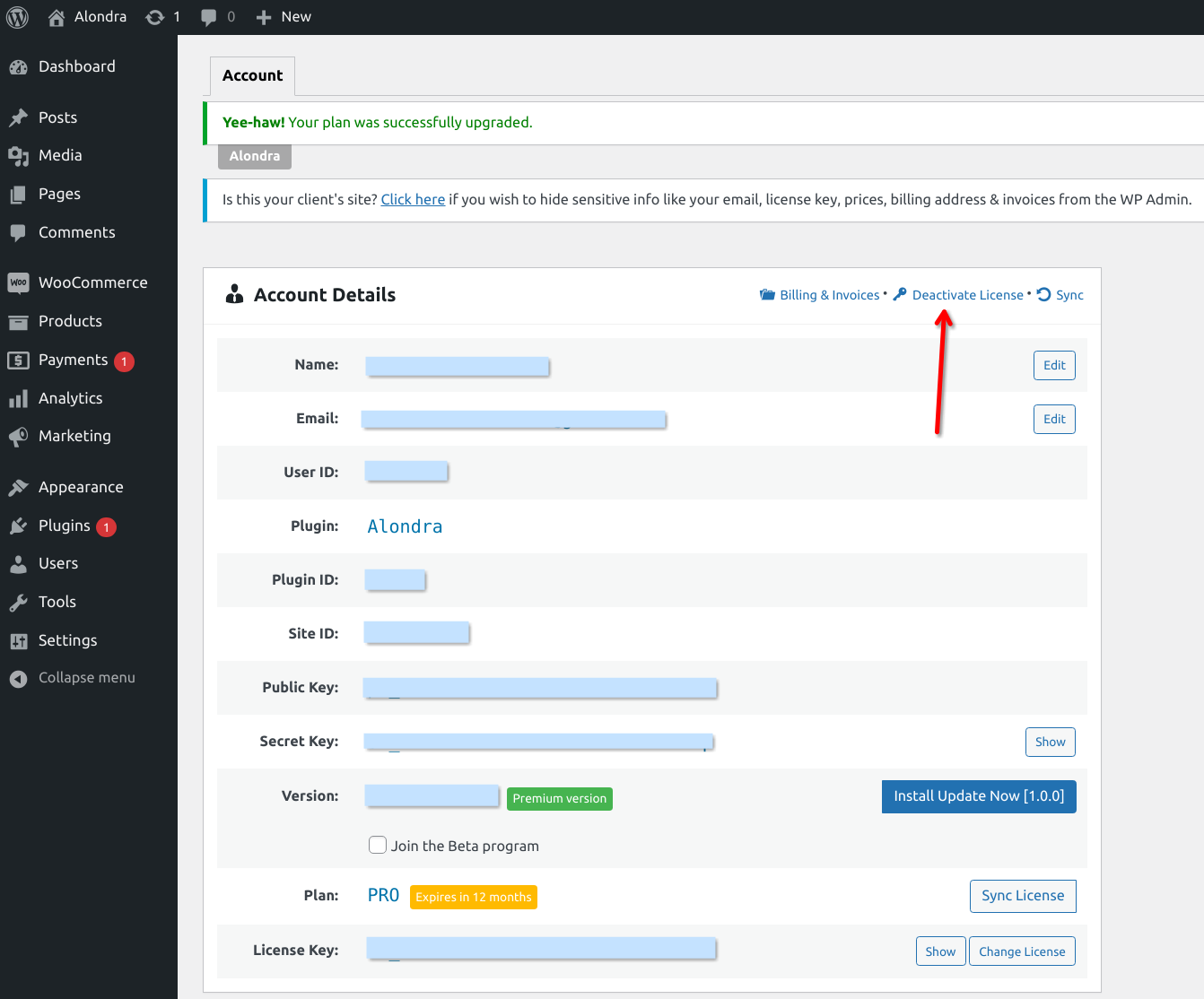 The Deactivate License link on the Account screen