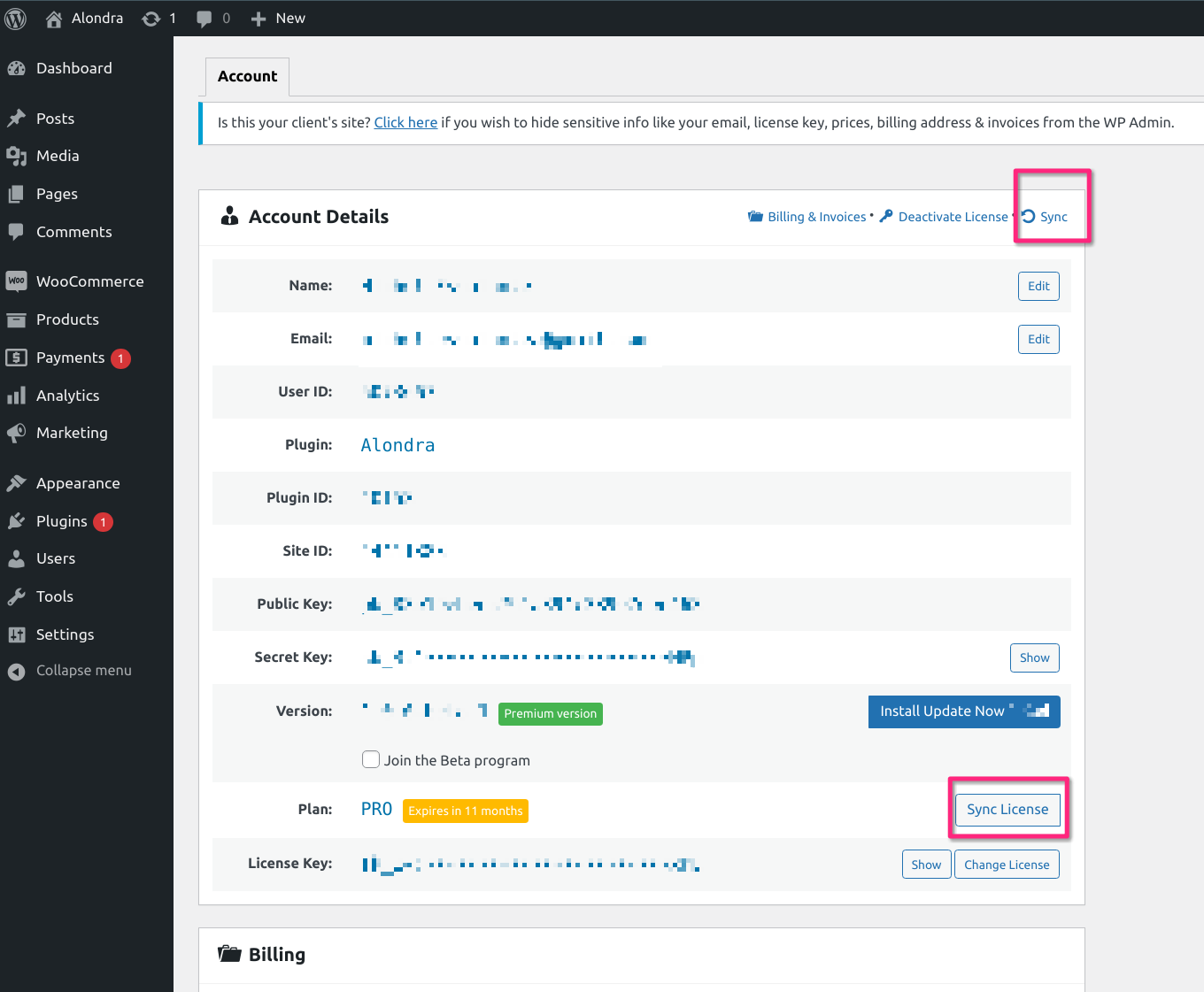The Sync and Sync License buttons on the Account screen