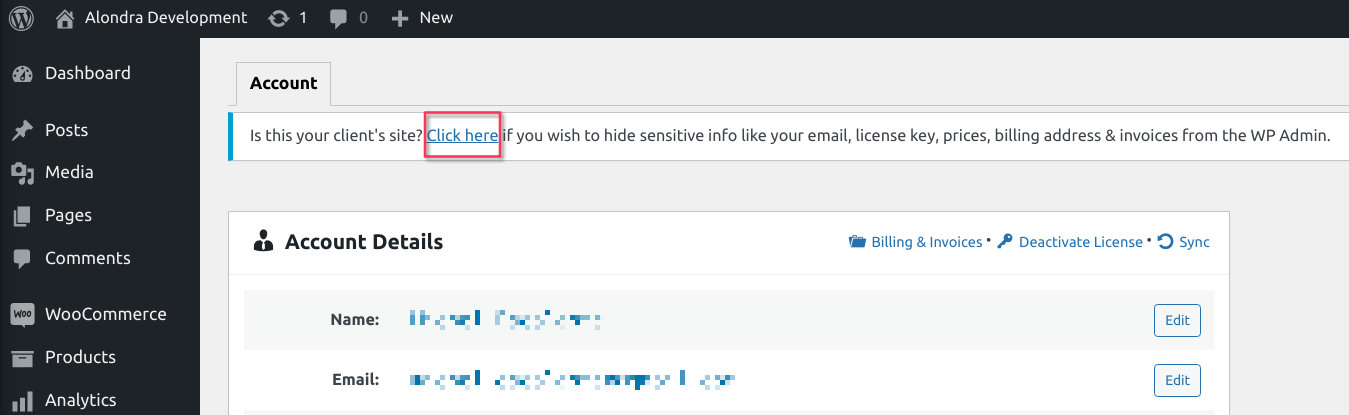 The Click here link that hides personal details