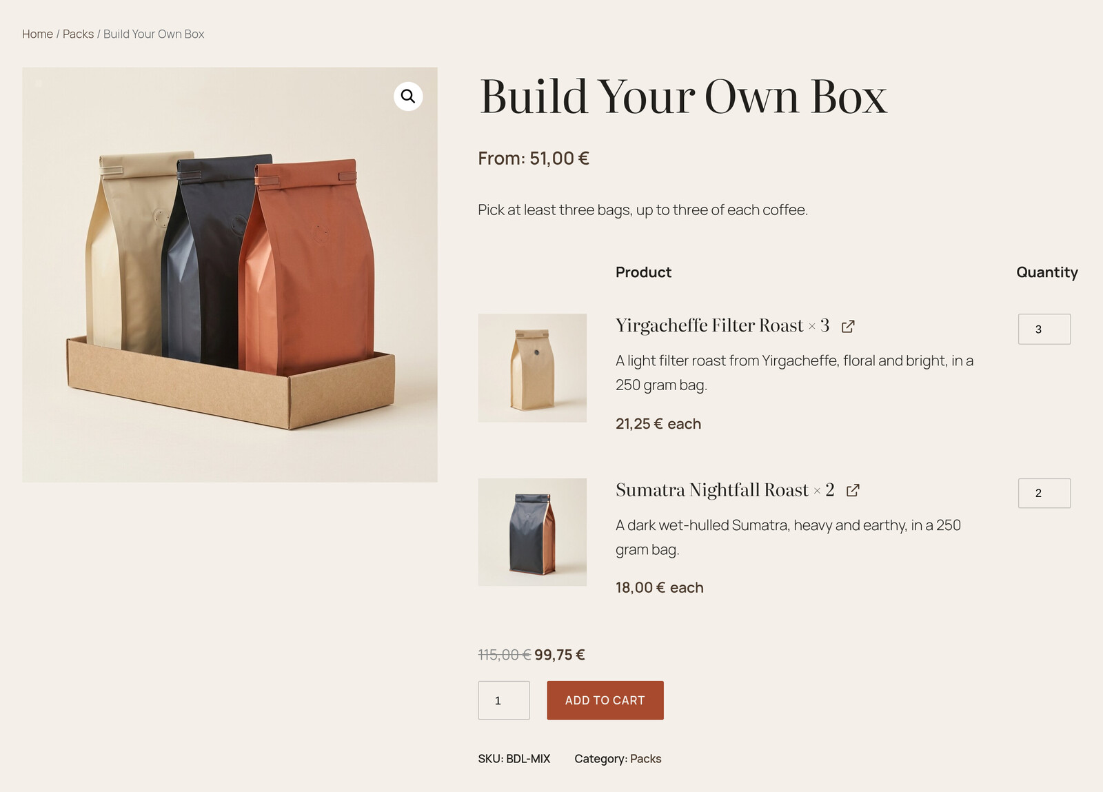 The Build Your Own Box page with 3 bags of Yirgacheffe and 2 of Sumatra
