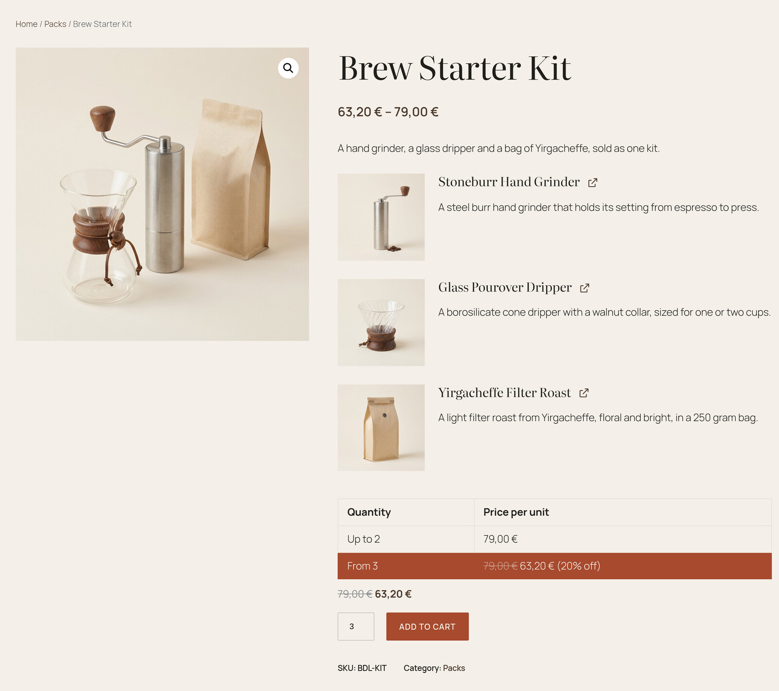 The Brew Starter Kit page with the price table and 3 kits chosen
