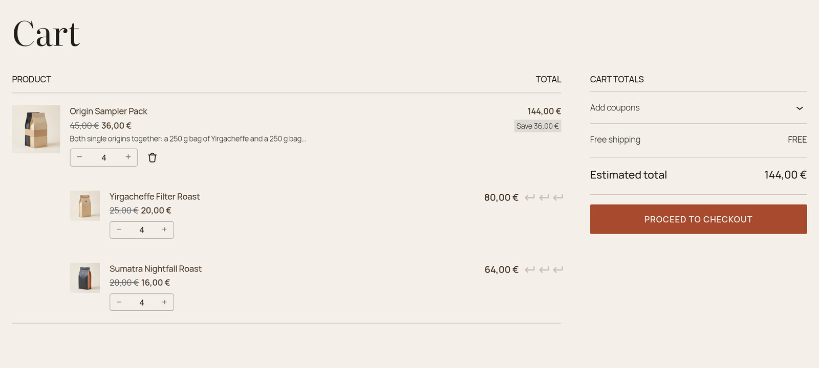 The cart with 4 Origin Sampler Packs