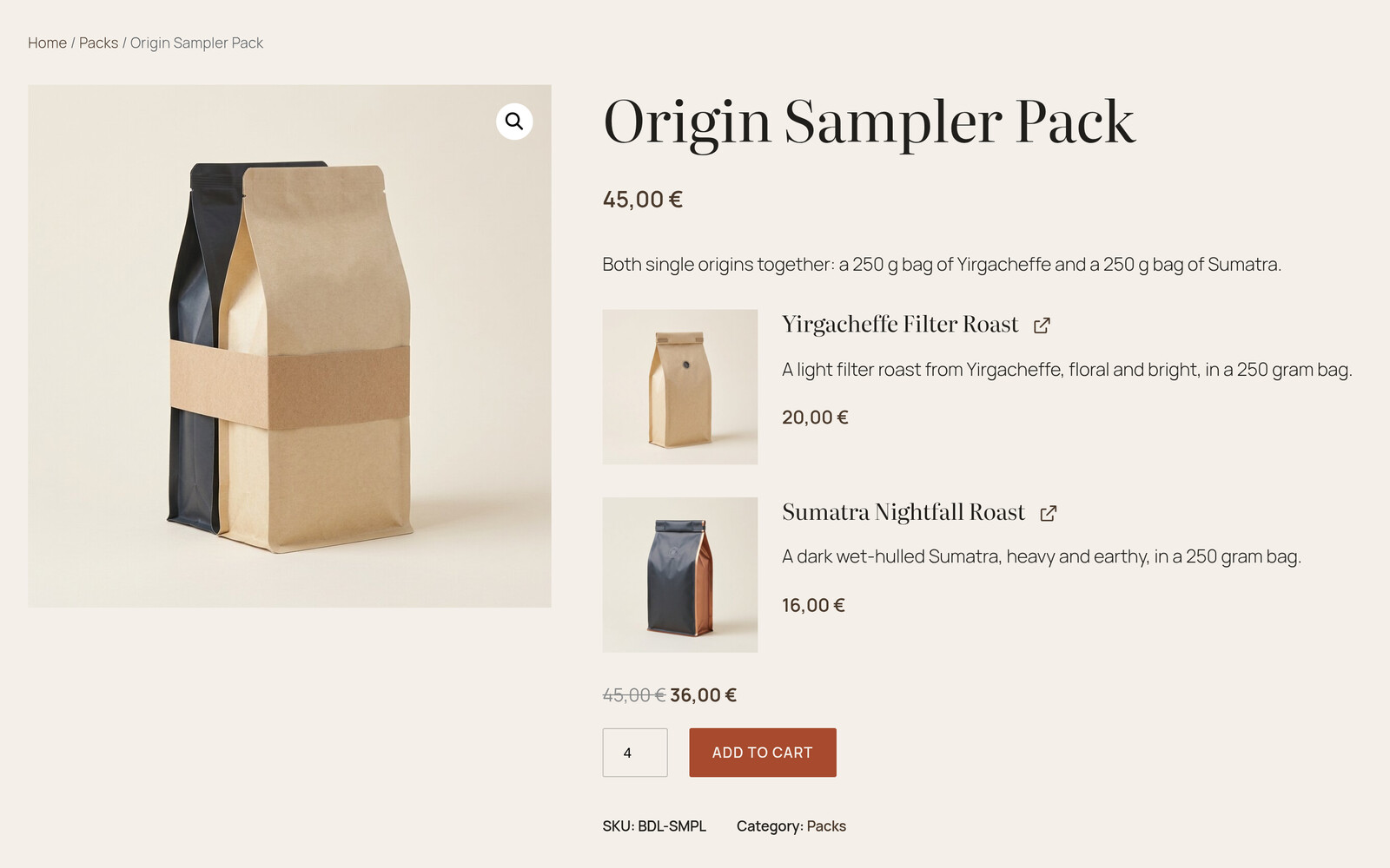 The Origin Sampler Pack page with 4 packs chosen