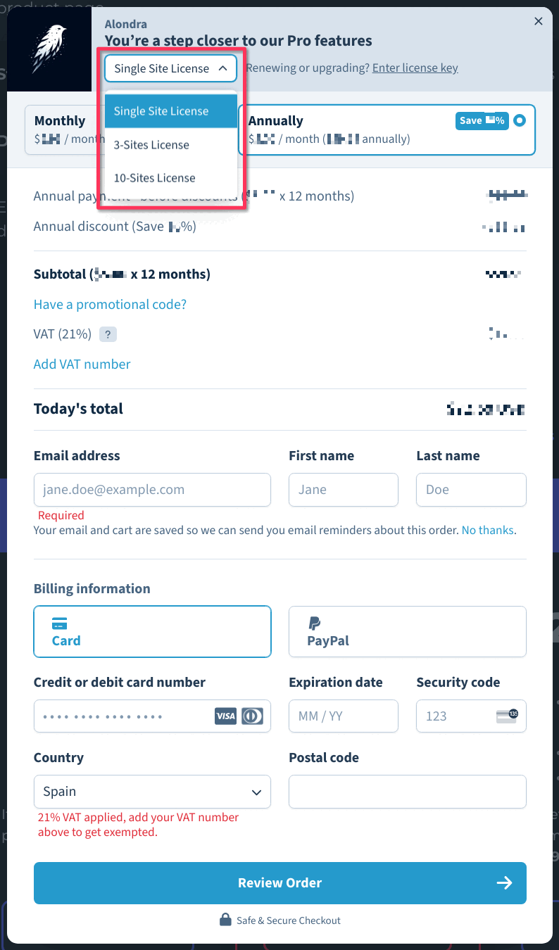 The checkout plan dropdown open on the licence counts