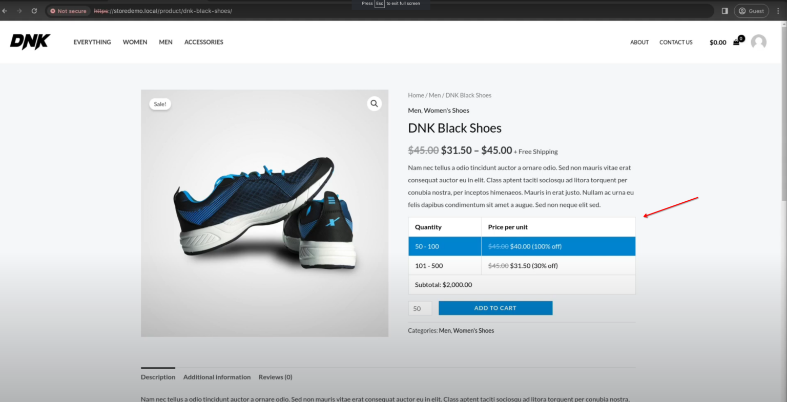 A WooCommerce product page showing the tiered price breaks in the table layout