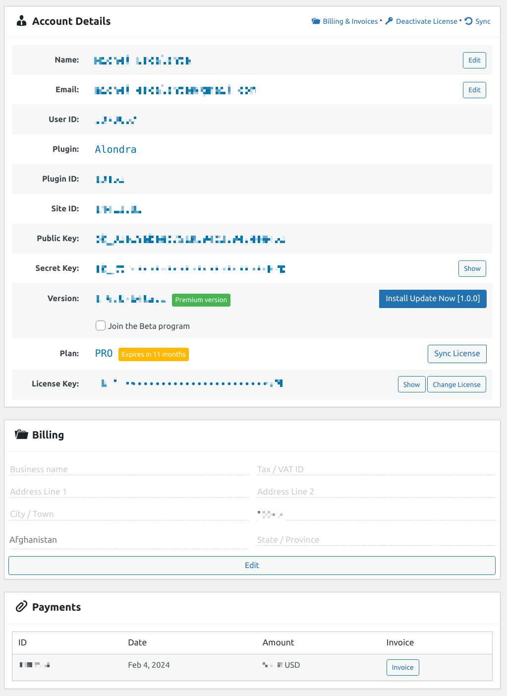The Freemius license manager: account, billing and invoices