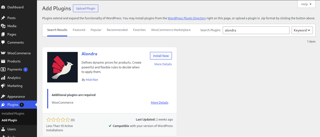 The Add Plugins screen with Alondra in the search results and its Install Now button
