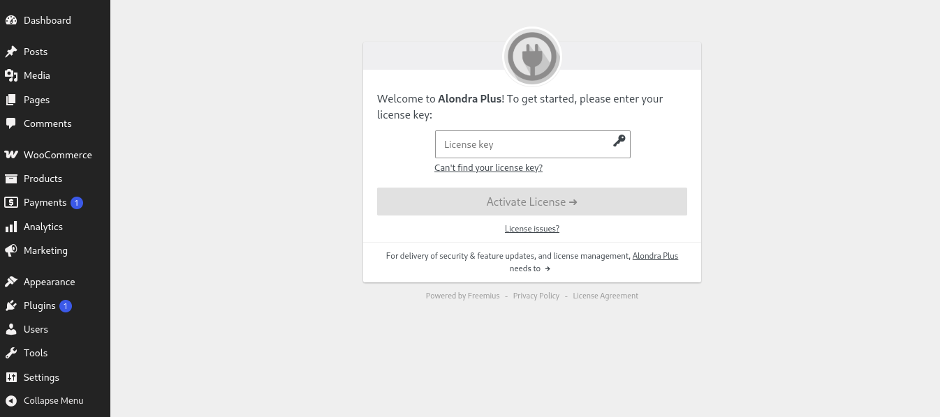 The Alondra Plus welcome page asking for a license key