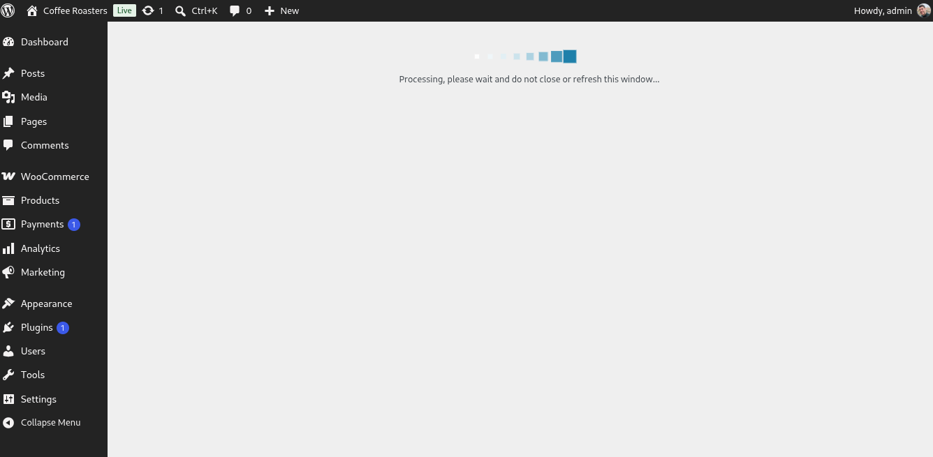 The WordPress admin showing a "Processing, please wait" message after checkout