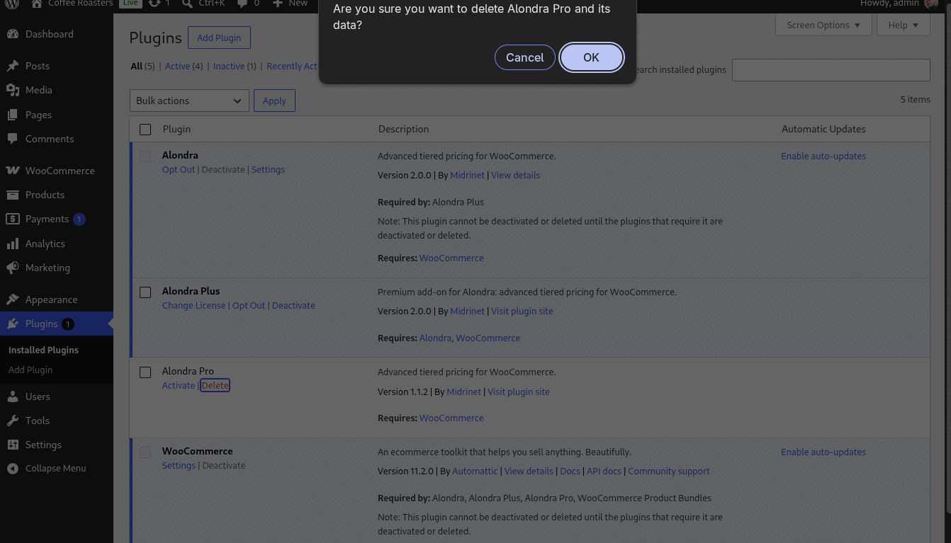 The Plugins screen with the confirmation asking to delete the Alondra 1.x plugin and its data