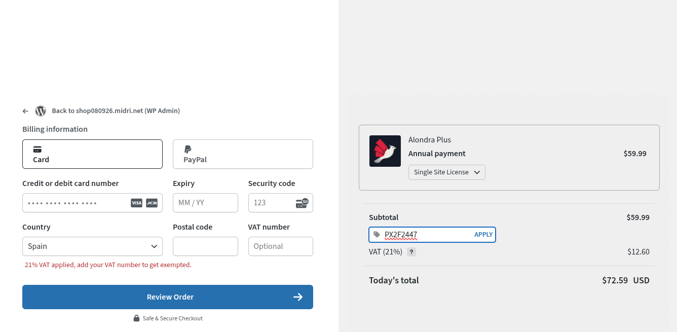 The checkout page with the coupon typed in the coupon field and the Review Order button