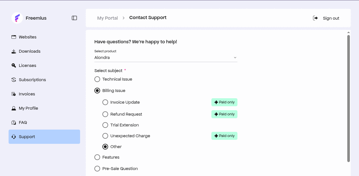 The Freemius Contact Support page with Alondra selected as the product and Billing Issue > Other as the subject