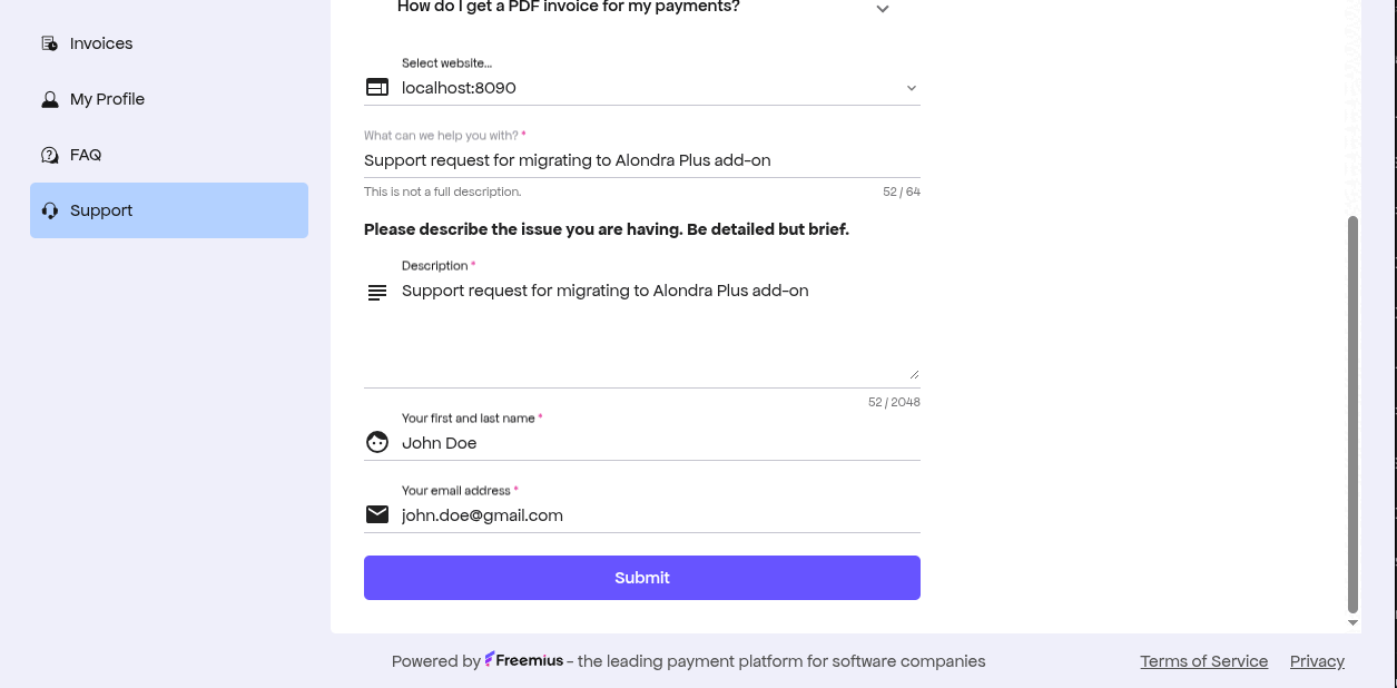The support request form with the website, the request title, the Description field, your name and your email address