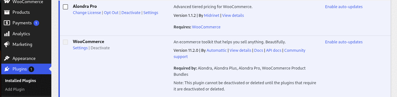 The Plugins screen with the Deactivate link under the Alondra 1.x plugin