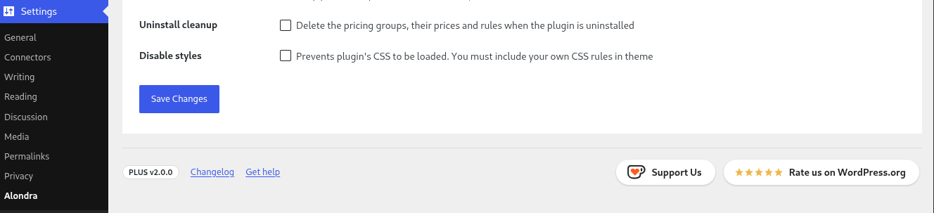 The Alondra settings with Uninstall cleanup unchecked, above the Save Changes button