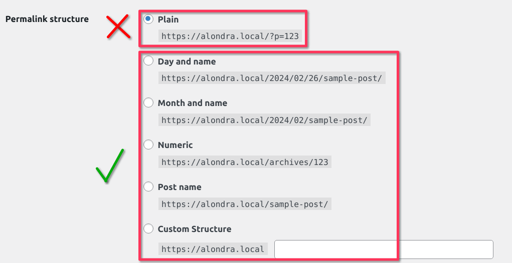 Select any permalink structure except Plain