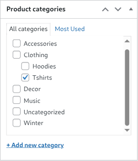 The WooCommerce product categories box with the child category ticked and its parent left unticked