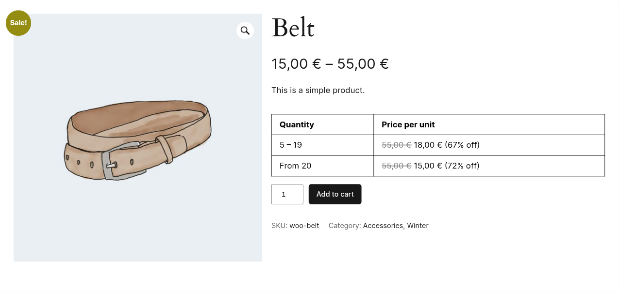 A product inside the discounted category, showing the price ladder and both categories on its listing