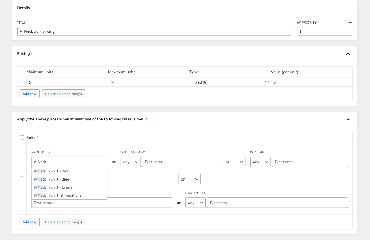 The product autocomplete listing each variation of a variable product plus an all-variations entry for the parent