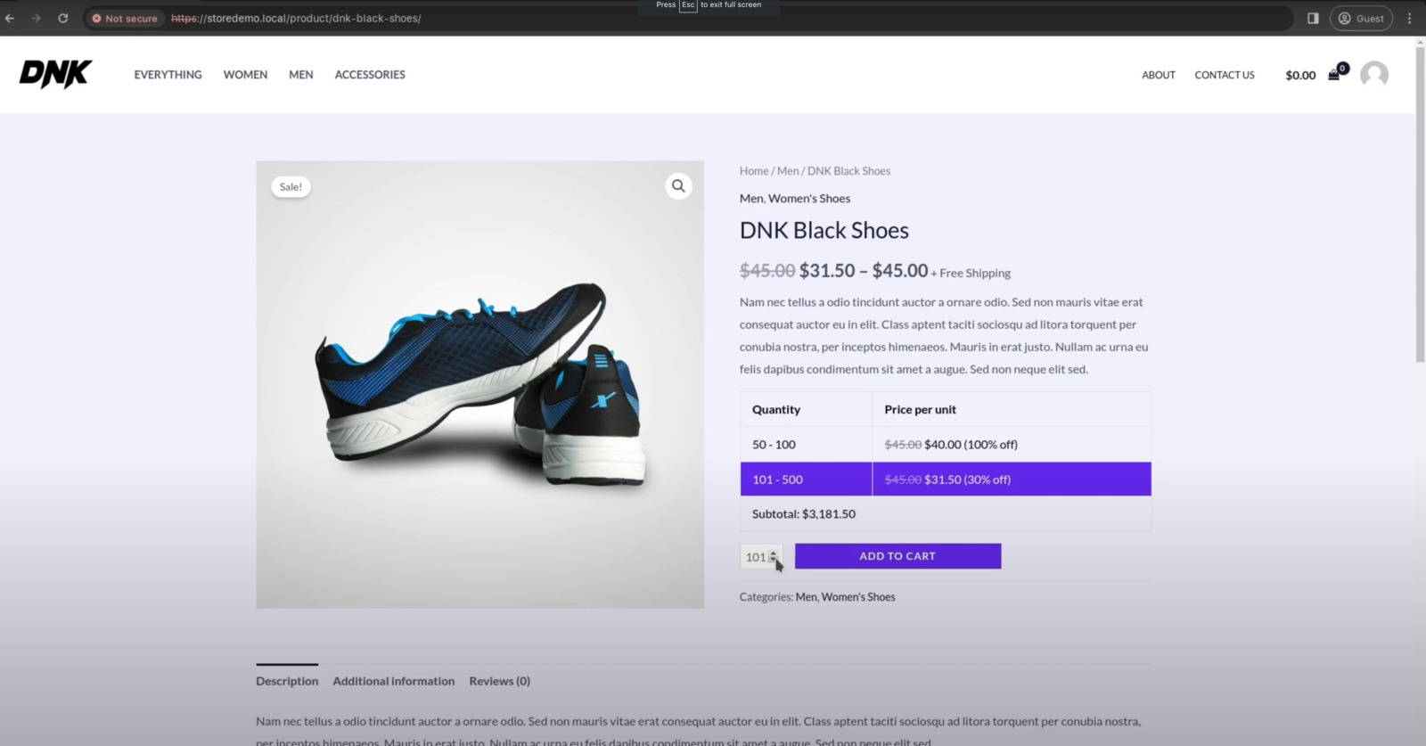 The same price table restyled in purple