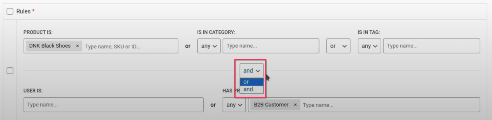 The and/or selector open between two rule conditions