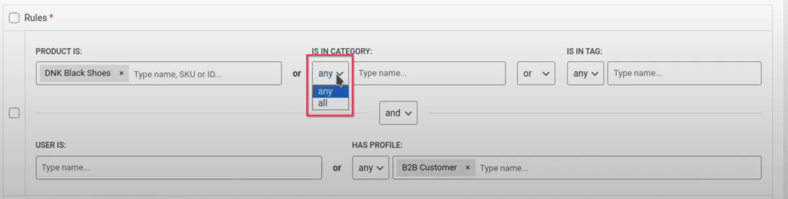 The any/all selector open on a rule condition
