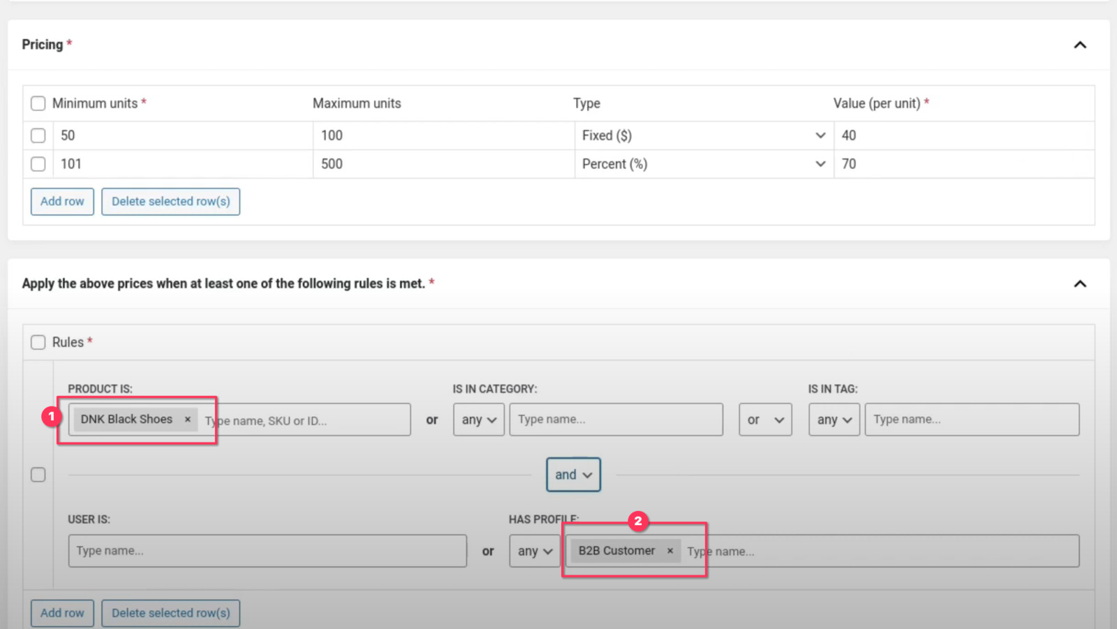 A rule matching the DNK Black Shoes product and the B2B Customer role