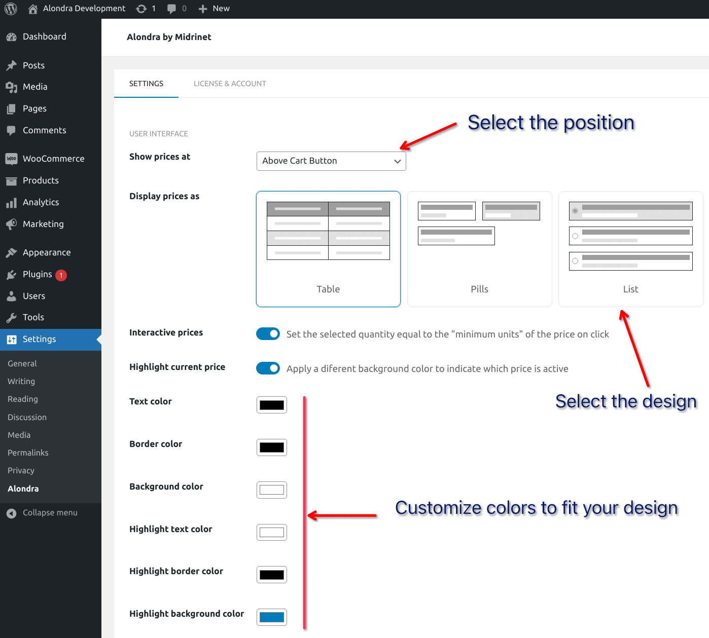 The layout choices and colour pickers in Alondra settings