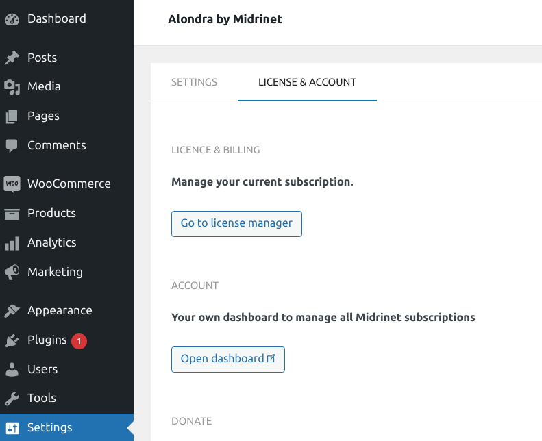 The License & Account tab