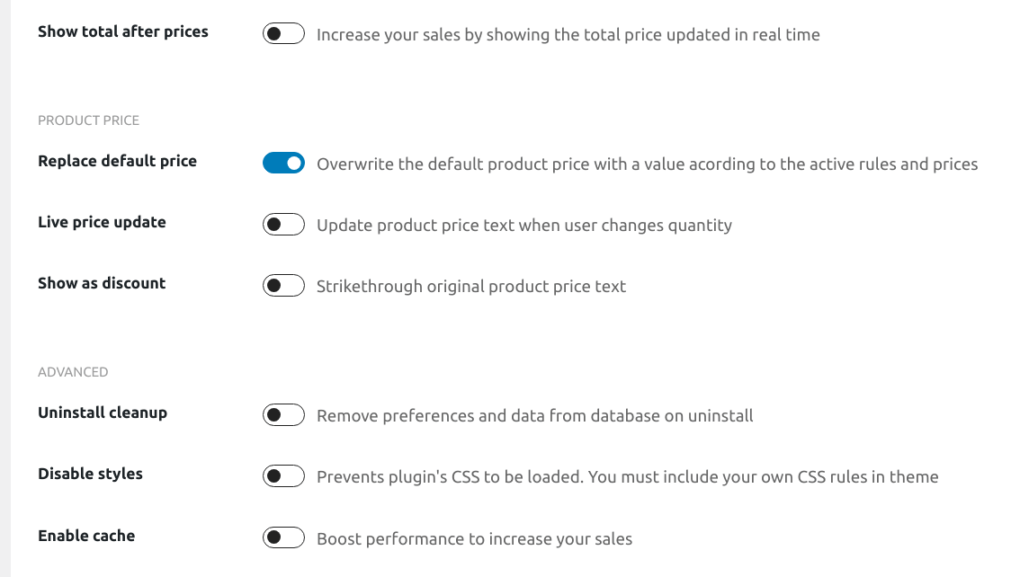 The product price and advanced settings