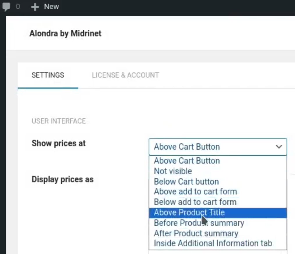 The Show prices at dropdown, open
