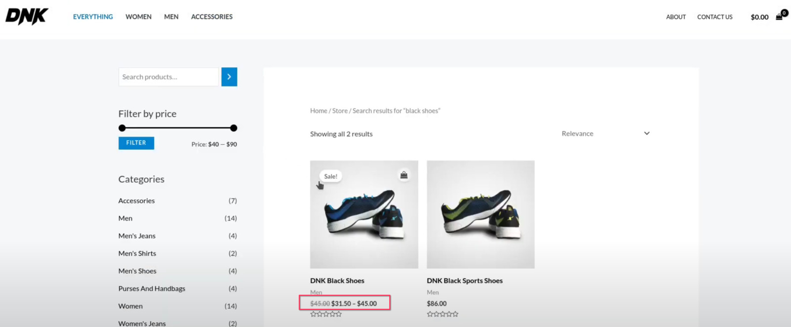 The shop listing showing the price as a range