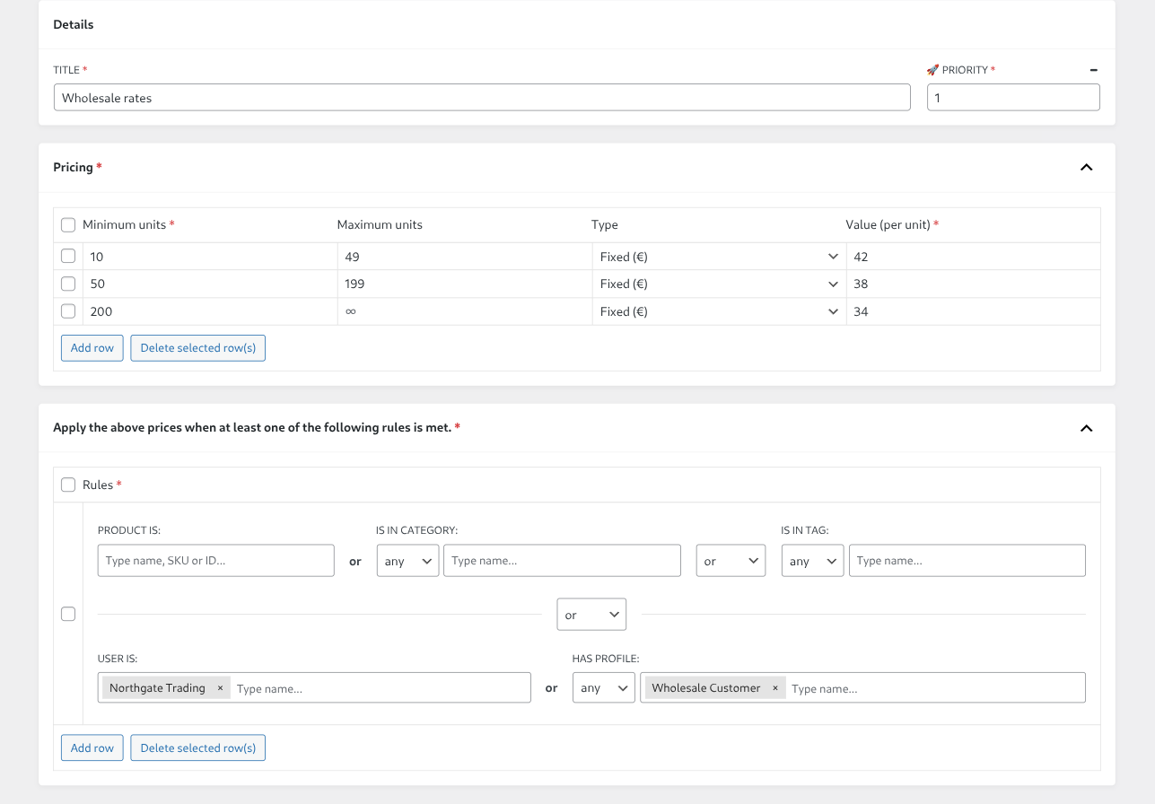 The tiered pricing group editor with a wholesale ladder and a rule matching the trade role or a named account