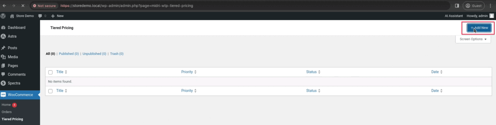 The empty Tiered Pricing list and its Add New button