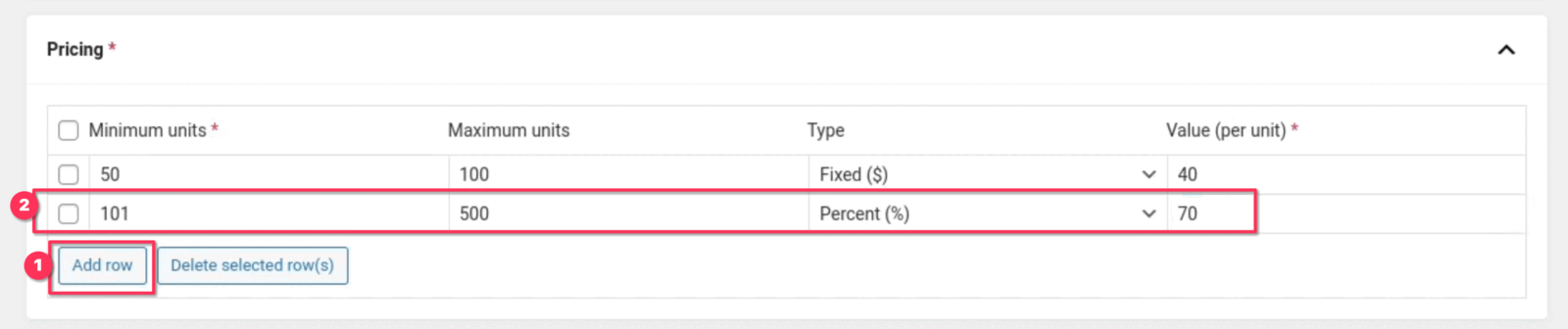 A second row: 101 to 500 units at 70 percent of the base price