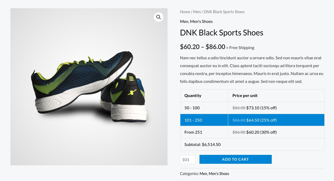 A product priced by quantity, with the customer’s tier highlighted and the order subtotal below.