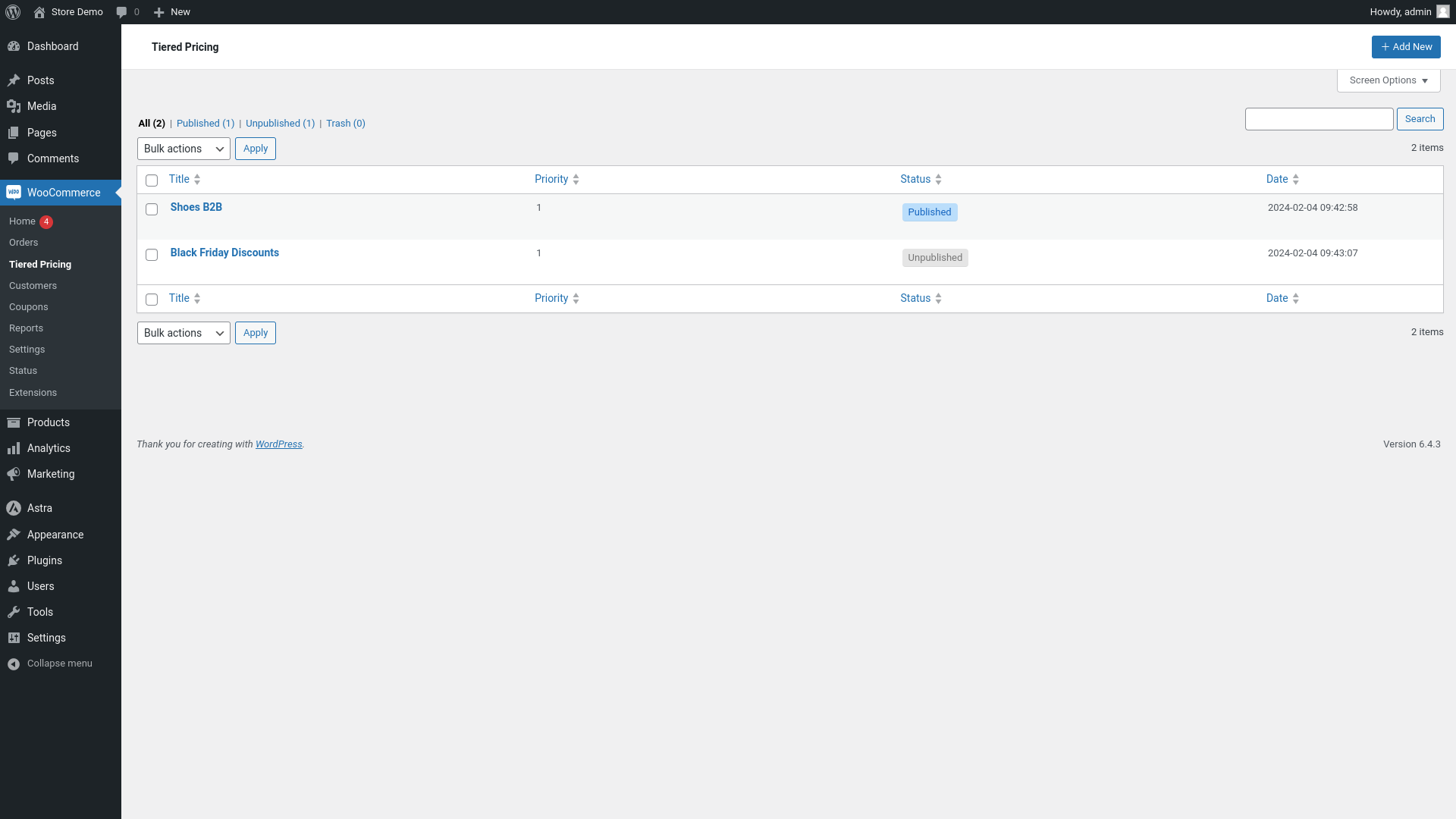Tiered pricing List.